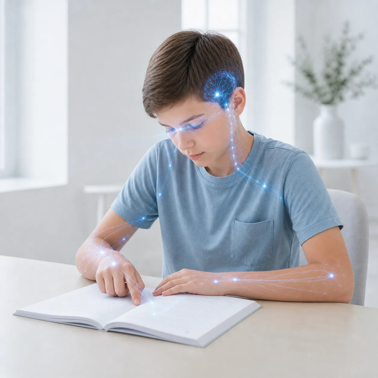 Kind beim Lesen mit dezent hervorgehobener Blicksteuerung
